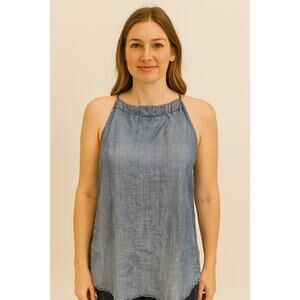 Chicos sz 2 (L) lyocell chambray open tie back halter tank top summer chic EUC